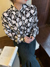MICHAEL KORS邁克高仕 MK 女士桑蠶絲印花系帶長袖襯衫 黑色/白色 048 M 曬單實(shí)拍圖