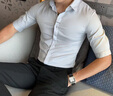 皮爾卡丹（pierre cardin）白襯衫男夏季冰絲薄款半袖短袖韓版修身感發(fā)型師五分袖襯衣潮 黑色 2XL 曬單實(shí)拍圖