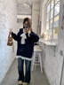 派吉鯊蕾絲拼接假兩件v領(lǐng)針織衫女2025新款秋冬寬松慵懶風(fēng)寬松毛衣軟糯 【藏藍(lán)色】早秋chic上衣/入秋韓 S 40/45kg 曬單實(shí)拍圖
