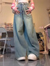 伊離姿2026年新款水洗復古闊腿牛仔褲女春秋薄款高腰顯瘦舒適大擺裙褲 藍色 高品質(zhì) S 曬單實(shí)拍圖