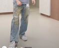 速寫男裝秋冬新款休閑寬松懷舊復古做舊牛仔褲直筒破洞設計潮長褲 992牛仔蘭 M 曬單實拍圖