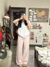 AAISUP美式純色基礎百搭牛仔褲女2025年春秋寬松顯瘦直筒褲闊腿拖地褲子 霧粉色 S 曬單實(shí)拍圖