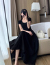 FSAT黑色U領(lǐng)短袖連衣裙女春秋高腰收腰顯瘦小個(gè)子2026赫本風(fēng)修身長(cháng)裙 黑色 M 曬單實(shí)拍圖