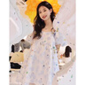 PMOG法式茶歇氣質(zhì)小清新甜美泡泡袖連衣裙女2024夏季新款碎花連衣裙 藍色 M 曬單實拍圖