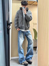 POUM冰藍牛仔褲男士款春夏季高街cleanfit褲子垂墜感直筒微喇褲窄版 WKXS-1136淺藍色 XL 曬單實拍圖