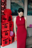 九寸陽光新中式國風(fēng)紅色針織旗袍連衣裙女春鏤空收腰開叉背心長裙訂婚結(jié)婚 M 曬單實拍圖