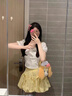 派吉鯊碎花黃色花苞裙半身裙女2025新款夏季松緊高腰荷葉邊a字蛋糕短裙 黃色 S 曬單實(shí)拍圖
