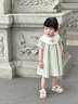 幼歌（YOUGE）嬰幼兒夏季靈動(dòng)有型精致花朵刺繡泡泡袖清新格紋連衣裙 綠色格子 80 cm 曬單實(shí)拍圖