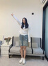韓絲梵牛仔短褲女夏季2025年新款褲子女休閑寬松破洞刺繡拼接薄款闊腿褲 905#短褲 L 【建議110-125斤】 曬單實(shí)拍圖