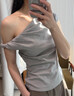 INSISFEMME【松弛感通勤】亞麻棉2025夏新款單肩扭結(jié)小飛袖修身多穿領(lǐng)T恤女 倫敦霧 M 曬單實(shí)拍圖