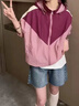 FSHE拼色薄外套女2025春夏秋新款戶外穿寬松連帽拉鏈夾克外套女上衣 粉色 S 建議85-100斤 曬單實拍圖
