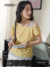 闊色（kuose）灰色假兩件斜肩短袖T恤女2025春夏季新款粉色運動(dòng)風(fēng)顯瘦上衣 黃色 S 曬單實(shí)拍圖