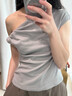 INSISFEMME【松弛感通勤】亞麻棉2025夏新款單肩扭結(jié)小飛袖修身多穿領(lǐng)T恤女 倫敦霧 M 曬單實(shí)拍圖