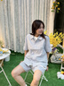 MMLG 87mm 純棉短袖襯衫女夏季新款綠色條紋韓系學(xué)院風(fēng)情侶上衣外套 灰綠白條 S 曬單實(shí)拍圖