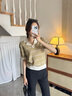 玖姿·安娜蔻優(yōu)雅老錢翻領(lǐng)條紋天麻絲提花短袖針織衫女2025夏季新款 花紋綠 M 曬單實拍圖