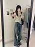 Jret復古高腰闊腿牛仔褲女夏季綁帶美式高街寬松直筒褲垂褲子潮 藍色 L 曬單實(shí)拍圖