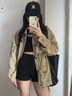 衣然呈品美式復古牛仔外套女春秋新款字母刺繡小眾個(gè)性高街不撞款夾克女裝 卡其色 M 【建議95-110斤】 曬單實(shí)拍圖