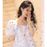 PMOG法式茶歇氣質(zhì)小清新甜美泡泡袖連衣裙女2024夏季新款碎花連衣裙 藍色 M 曬單實拍圖