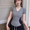 衣然呈品T恤女士春季新款美式高街潮牌修身收腰V領(lǐng)拼色時(shí)尚簡(jiǎn)約短袖上衣女 灰色 M 【建議90-105斤】 曬單實(shí)拍圖