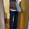 素織錦西裝褲女闊腿褲黑色褲子女士西褲休閑褲春夏通勤學(xué)生西服直筒褲 鐵環(huán)高腰闊腿西褲【黑色】 XL 【建議115-130斤】 曬單實拍圖