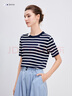 納維凱爾意大利小帆船女休閑針織彈力撞色條紋短袖T恤2324505503 深藍 M  曬單實(shí)拍圖