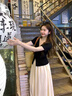 DAVEY MODE套裝女兩件套2025年新款女士夏季衣服短袖T恤夏季高腰褲長(zhǎng)裙褲 【兩件套裝】黑色短袖上衣杏色褲子 M :95-108斤 曬單實(shí)拍圖