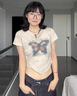 凡小如純棉短袖t恤女夏季新款正肩收腰顯瘦蝴蝶刺繡短款辣妹設計感上衣 卡其色 L 【建議100-115斤】 曬單實(shí)拍圖