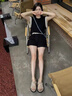 FSHE2025夏季新款大碼女士休閑裝套裝女拼接韓版短袖短褲時(shí)尚兩件套 黑色 L 【建議100-120斤】 曬單實(shí)拍圖