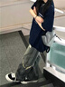 S·J·V·K夏季新款V領(lǐng)蕾絲拼接韓版正肩短袖T恤洋氣衣服女寬松上衣潮設計感 藏青色 L （適合110-130斤） 曬單實(shí)拍圖