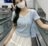 寧雨昔韓系甜美撞色拼接假兩件短袖T恤女夏季減齡修身顯瘦溫柔短款上衣 淺藍(lán)色 S 曬單實(shí)拍圖