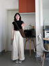 丹珠娜（DanZhuNa）休閑褲女裝夏季新款2025年小個子鹽系穿搭運(yùn)動闊腿褲子女套裝衣服 黑色+杏色褲子（有腰帶） M 曬單實(shí)拍圖