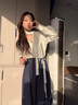 艾珠兒（Aizhuer）休閑褲女秋季2025新款氣質(zhì)喇叭袖襯衫藍色闊腿褲韓風chic兩件套裝 白色襯衫+藍色闊腿褲 M 曬單實拍圖
