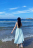 斤慕露背吊帶連衣裙女海邊度假法式氣質(zhì)收腰綁帶a字裙仙女風(fēng)長裙七夕 藍(lán)色S 曬單實(shí)拍圖