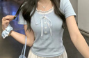 寧雨昔韓系甜美撞色拼接假兩件短袖T恤女夏季減齡修身顯瘦溫柔短款上衣 淺藍(lán)色 S 曬單實(shí)拍圖