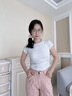 嫻柔不規則正肩短袖t恤女夏設計感弧形下擺抽褶辣妹緊身短款女裝上衣 白花灰【褶皺款】 卡碼拍大 M 【90-100斤】 曬單實(shí)拍圖