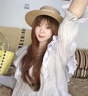 俞兆林帽子女日系百搭蕾絲綁帶蝴蝶結平頂草帽夏季出游遮陽(yáng)防曬禮帽休閑 卡其色 珍珠長(cháng)蝴蝶結 S(54-56cm) 曬單實(shí)拍圖