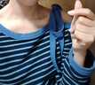 LDBE辣妹斜肩條紋長(cháng)袖t恤女春秋修身顯瘦獨特設計感露肩上衣打底衫ins 深水藍色 M 【95-110斤】 曬單實(shí)拍圖