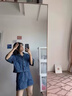 FSHE減齡氣質設計感短袖襯衫牛仔套裝女夏季薄款大碼上衣短褲子兩件套 藍色牛仔外套襯衫短褲兩件套 L (建議105-115斤) 曬單實拍圖
