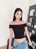TOMMY JEANS春夏女裝復古甜美性感一字肩褶皺辣妹修身短款短袖上衣T恤 黑色BDS S 曬單實(shí)拍圖