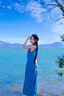 OIMG沙灘裙女海邊度假長(cháng)裙旅游拍照夏季氣質(zhì)寬松顯瘦A字裙吊帶連衣裙 湖藍色 M （85-100斤） 曬單實(shí)拍圖