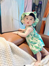 湯尼倍兒嬰兒套裝夏吊帶短褲竹纖維紗布女寶寶兩件套分體嬰兒衣服 淺綠色芭蕉葉 90 cm 曬單實(shí)拍圖