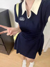 DGOV甜妹學(xué)院連衣裙女夏復(fù)古美式壓褶短裙收腰顯瘦polo領(lǐng)新款長(zhǎng)裙撞色 藏青色【短款】 S 90-100 曬單實(shí)拍圖