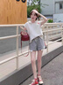 DGOV時髦洋氣時尚休閑套裝女夏季顯瘦短袖短褲寬松韓版學生兩件套 白色上衣+灰色短褲【兩件套】 S 【建議80-95斤】 曬單實拍圖