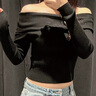 UR2025春季新款女裝法式一字領(lǐng)勾絲破洞針織衫UYV950015 正黑 M 曬單實拍圖
