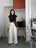 丹珠娜（DanZhuNa）休閑褲女裝夏季新款2025年小個子鹽系穿搭運(yùn)動闊腿褲子女套裝衣服 黑色+杏色褲子（有腰帶） M 曬單實(shí)拍圖