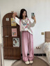 俞兆林（YUZHAOLIN）美式運動(dòng)休閑褲女2025春秋新款高腰條紋衛褲寬松顯瘦直筒闊腿褲 粉色 M 建議90-110斤 曬單實(shí)拍圖