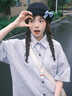芭芙達妮日系藍色寬松短袖襯衫女外套夏季2025新款小個子設(shè)計感百搭上衣 【藍色】 45 55kg/M 曬單實拍圖