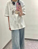 哈魯?shù)厦朗街匕跫兠迗A領短袖T恤女夏季寬松休閑五分袖新款半袖女打底衫 白灰色 M 【85-105斤】 曬單實拍圖