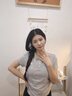 LPOX灰色蕾絲花邊短袖T恤女2025夏季新款褶皺收腰顯瘦正肩體恤短上衣 灰色 M 160/84A 曬單實拍圖