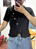 JRET正肩T恤女夏季遮肚子2025年小眾別致顯瘦不規則上衣短袖女 黑色 L 【建議100-115斤】 曬單實(shí)拍圖